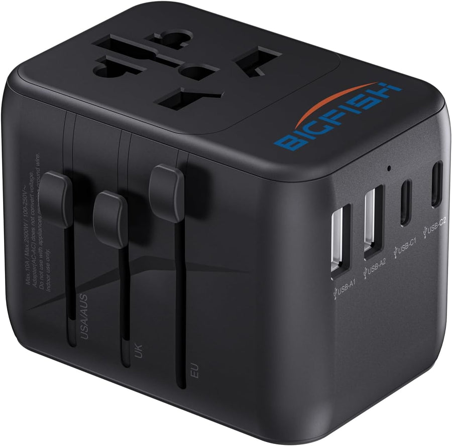 Universal Travel Adapter, Travel Plug Adapter Worldwide | Travel Charger with 2 USB-C & 2 USB-A Ports, Dual 10A Fuses, All-In-One International Travel Adapter - EU UK US AU Plugs