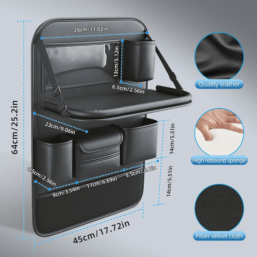 2 Pack Leather Car Backseat Organizer with Foldable Table Tray, Car Seat Back Protectors Kick Mats, Foldable Car Seat Organizer with Tablet Holder