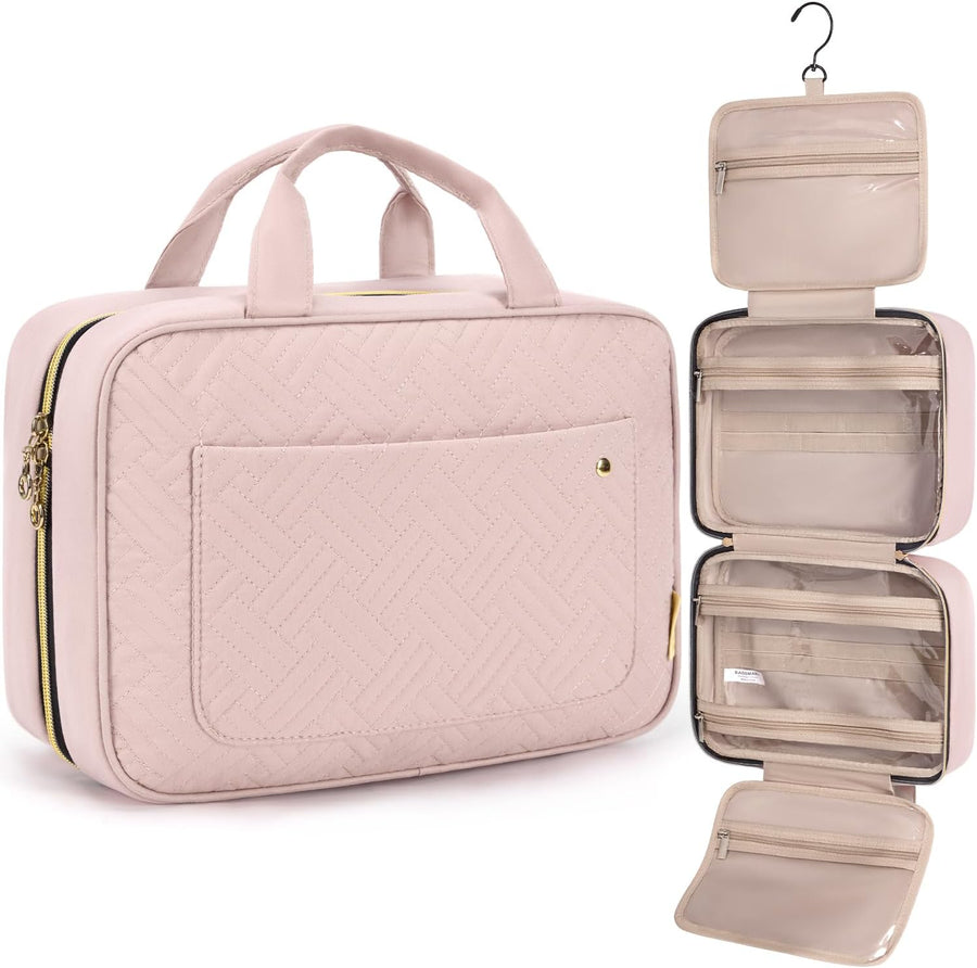 Hanging Toiletry Bag Travel Large Capacity Wash Bag Womens Makeup Cosmetic Bag, Travel Accessories for Full Sized Container (Medium-Pink)