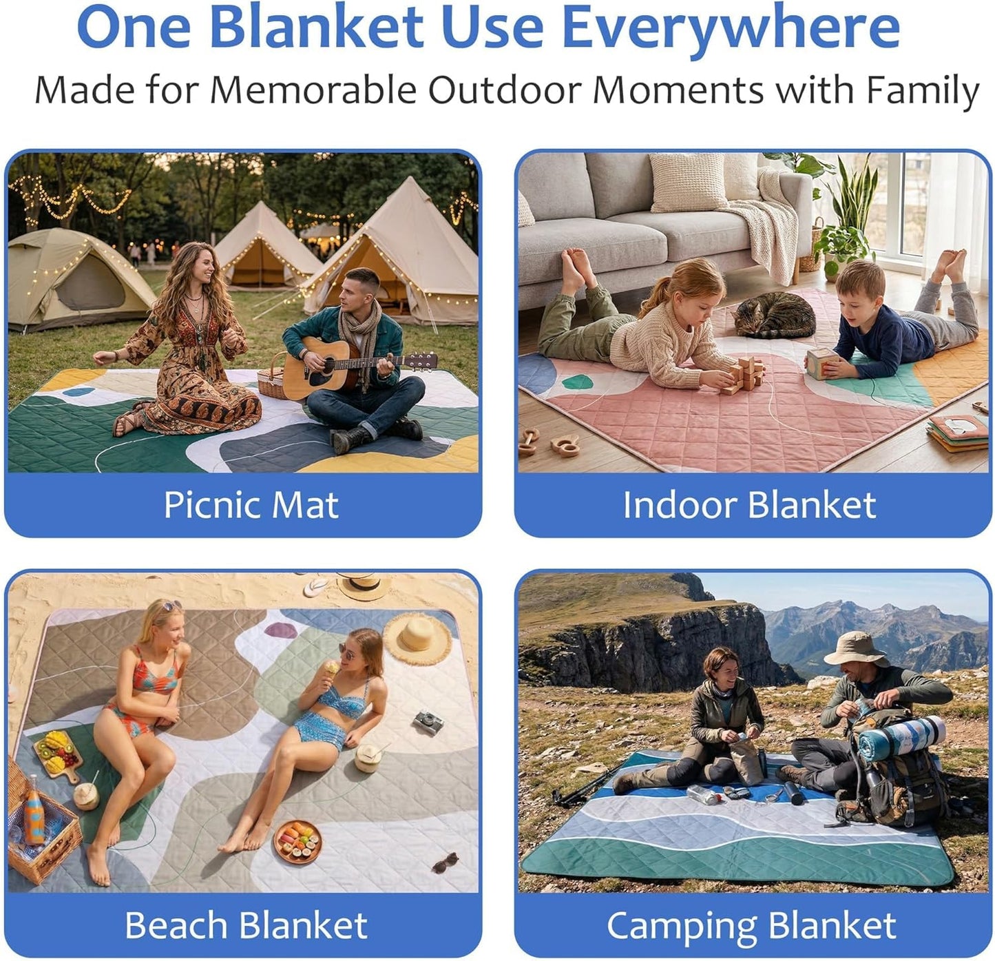 Waterproof Picnic Blanket, Large Foldable Picnic Mat for Hiking Beach Camping, Machine Washable Outdoor Rug with Carry Strap, 150 X 200 Cm, Abstract Blue