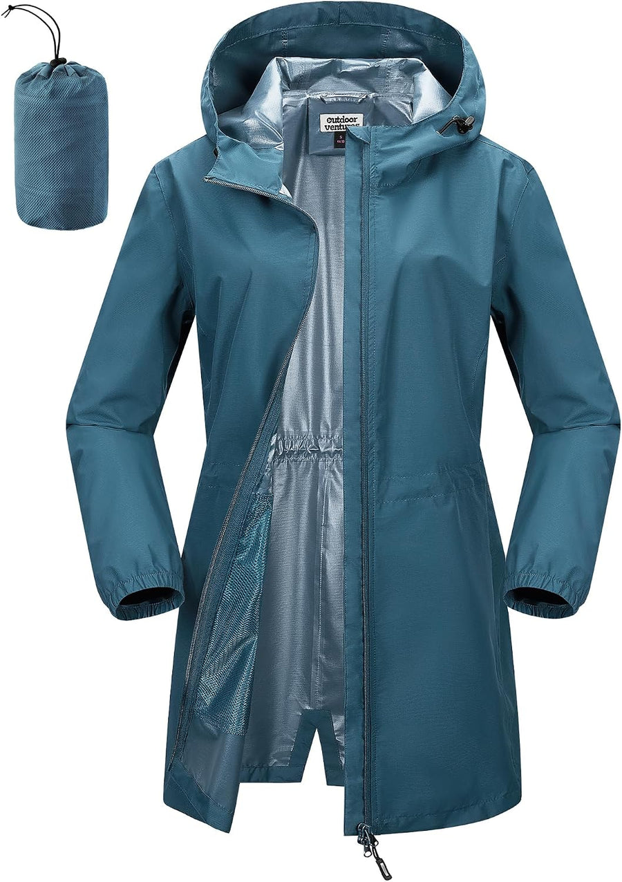Women'S Waterproof Rain Jacket Packable Long Rain Coat | 2-Way Zip, Ladies Lightweight Rainjacket, Packaway Windbreaker, Breathable, Running, Trench Coat Hooded