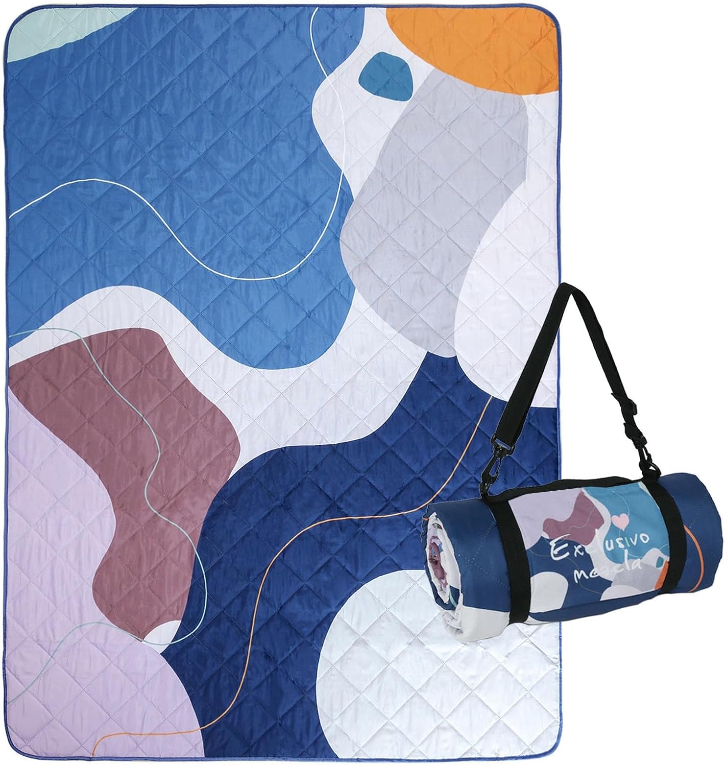 Waterproof Picnic Blanket, Large Foldable Picnic Mat for Hiking Beach Camping, Machine Washable Outdoor Rug with Carry Strap, 150 X 200 Cm, Abstract Blue