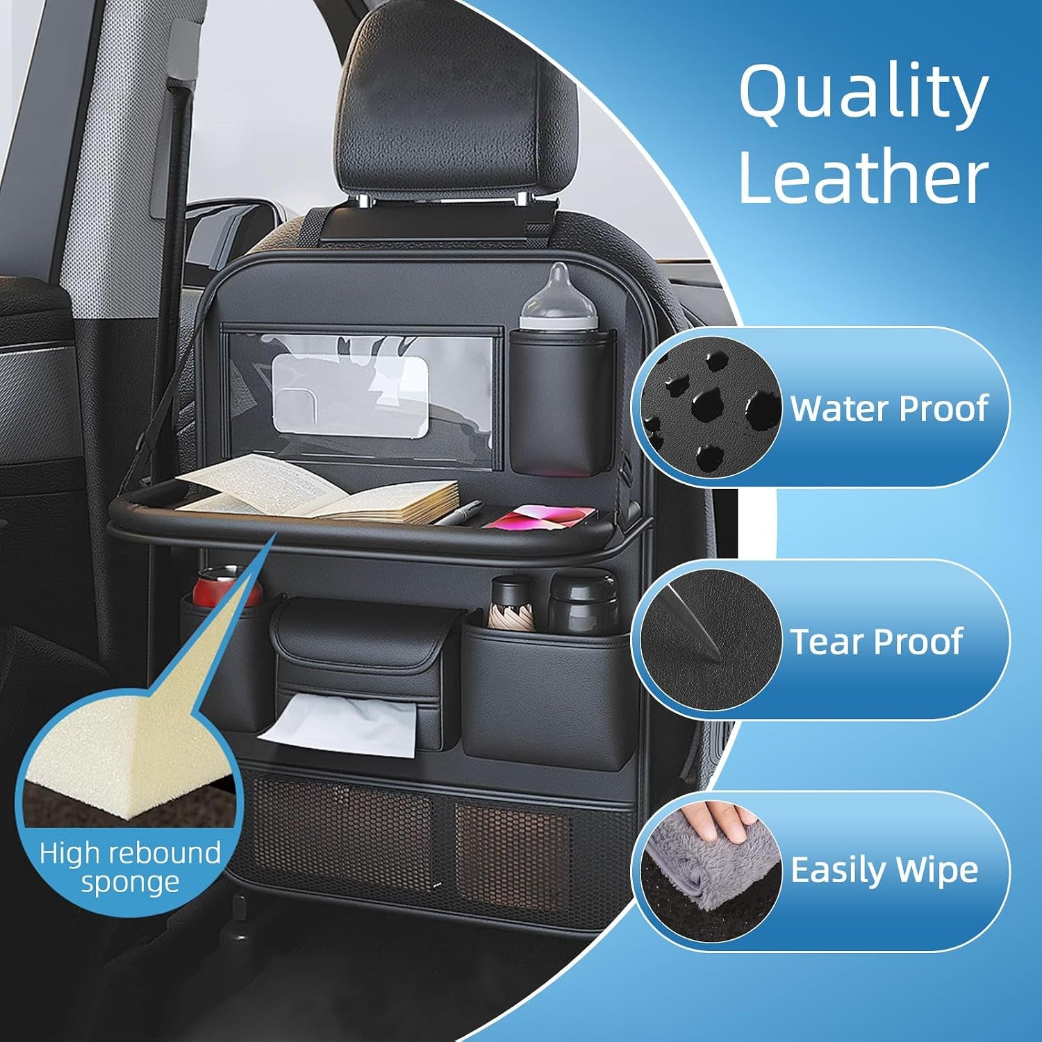 2 Pack Leather Car Backseat Organizer with Foldable Table Tray, Car Seat Back Protectors Kick Mats, Foldable Car Seat Organizer with Tablet Holder
