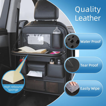 2 Pack Leather Car Backseat Organizer with Foldable Table Tray, Car Seat Back Protectors Kick Mats, Foldable Car Seat Organizer with Tablet Holder