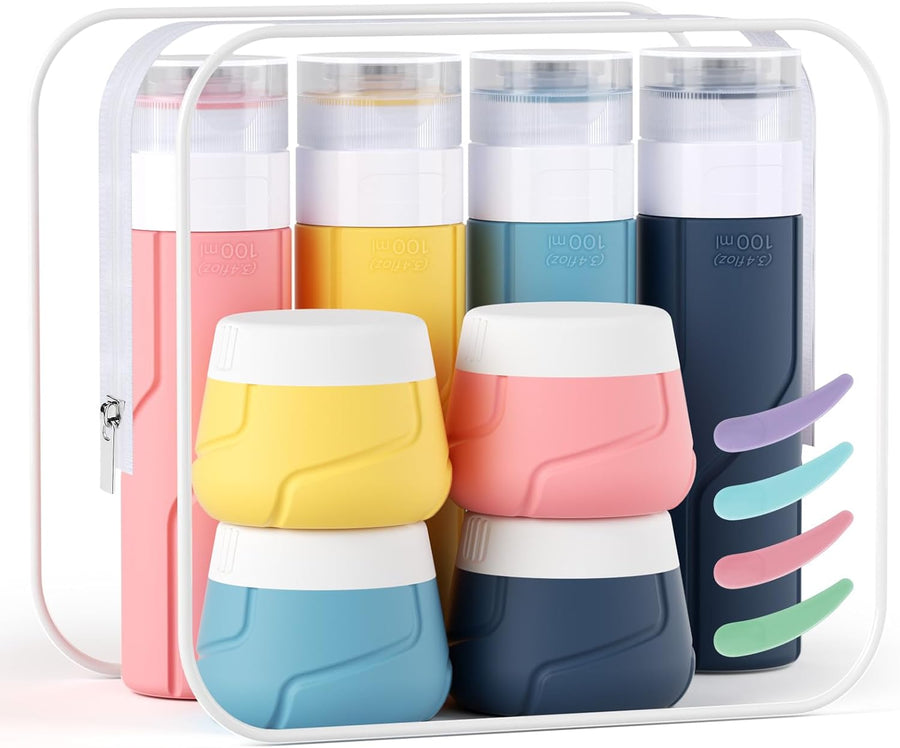Silicone Travel Bottles Set, 100Ml Toiletry Bottles and 30Ml Travel Pots, Travel Size Bottles with Accessories, Leak-Proof & Refillable Travel Containers for Toiletries, Shampoo, Cream