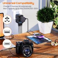 Universal Travel Adapter, Travel Plug Adapter Worldwide | Travel Charger with 2 USB-C & 2 USB-A Ports, Dual 10A Fuses, All-In-One International Travel Adapter - EU UK US AU Plugs