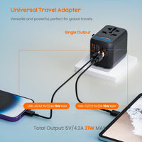 Universal Travel Adapter, Travel Plug Adapter Worldwide | Travel Charger with 2 USB-C & 2 USB-A Ports, Dual 10A Fuses, All-In-One International Travel Adapter - EU UK US AU Plugs
