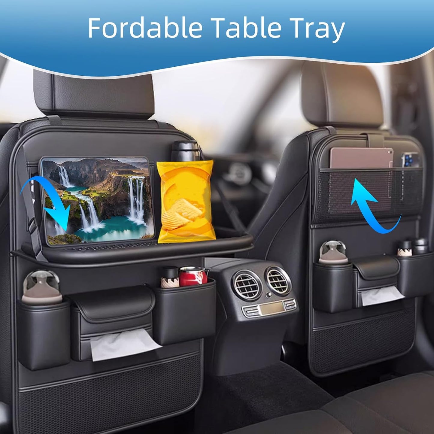 2 Pack Leather Car Backseat Organizer with Foldable Table Tray, Car Seat Back Protectors Kick Mats, Foldable Car Seat Organizer with Tablet Holder