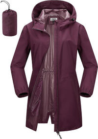 Women'S Waterproof Rain Jacket Packable Long Rain Coat | 2-Way Zip, Ladies Lightweight Rainjacket, Packaway Windbreaker, Breathable, Running, Trench Coat Hooded