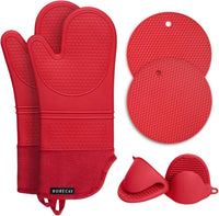 6Pcs Oven Mitts and Pot Holders Sets Heat Resistant 500 Degrees, Extra Long and Non-Slip Silicone Oven Gloves Potholders Hot Pads for Kitchen Baking Cooking, Quilted Liner, Black
