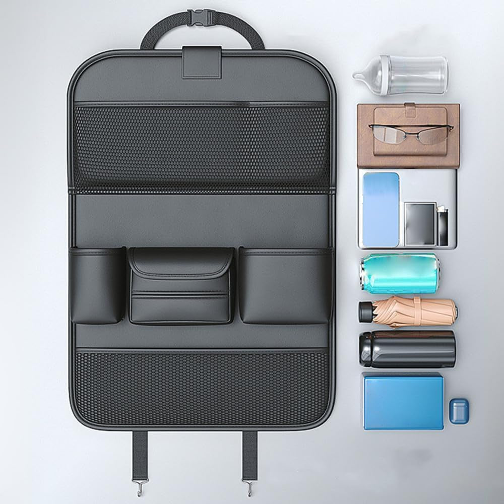 2 Pack Leather Car Backseat Organizer with Foldable Table Tray, Car Seat Back Protectors Kick Mats, Foldable Car Seat Organizer with Tablet Holder