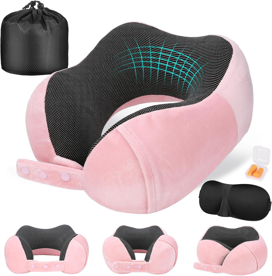 Travel Pillow for Airplane, Neck Pillow for Travel, Memory Foam Travels Neck Pillow for Adults, Adjustable & Compact Flight Pillow, Ergonomic Neck Cushion, with Ear Plugs, Eye Mask, Carry Bag