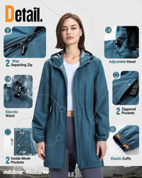 Women'S Waterproof Rain Jacket Packable Long Rain Coat | 2-Way Zip, Ladies Lightweight Rainjacket, Packaway Windbreaker, Breathable, Running, Trench Coat Hooded