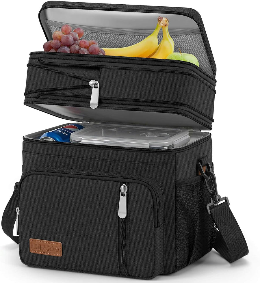 Lunch Bag & Lunch Box for Men Women Double Deck - Leakproof Insulated Soft Large Adult Lunch Cooler Bag for Work Picnic (Black,15L)