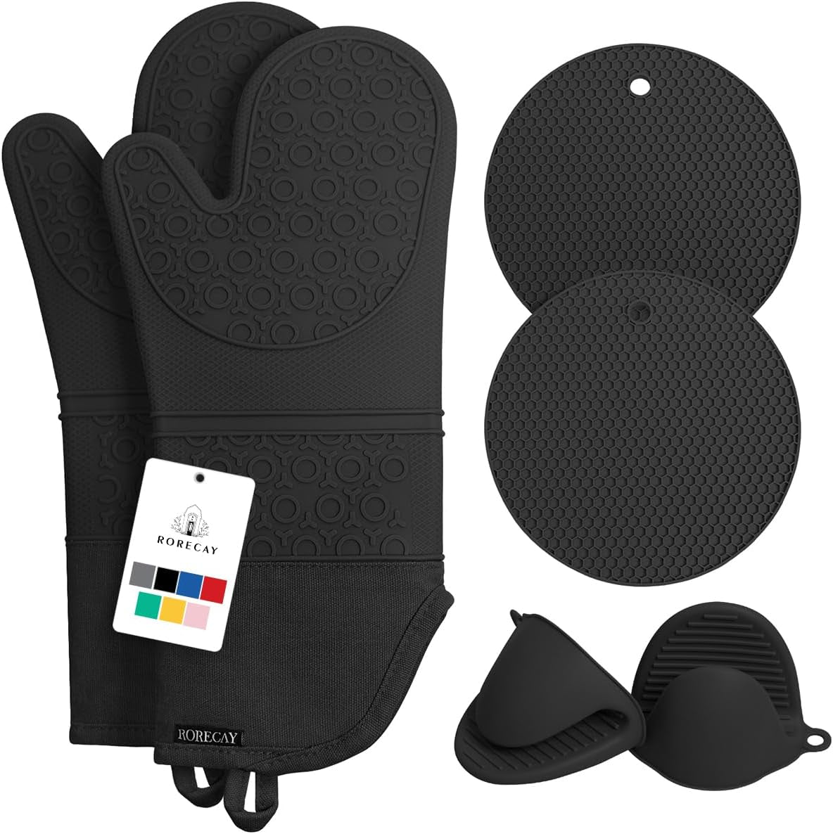 6Pcs Oven Mitts and Pot Holders Sets Heat Resistant 500 Degrees, Extra Long and Non-Slip Silicone Oven Gloves Potholders Hot Pads for Kitchen Baking Cooking, Quilted Liner, Black