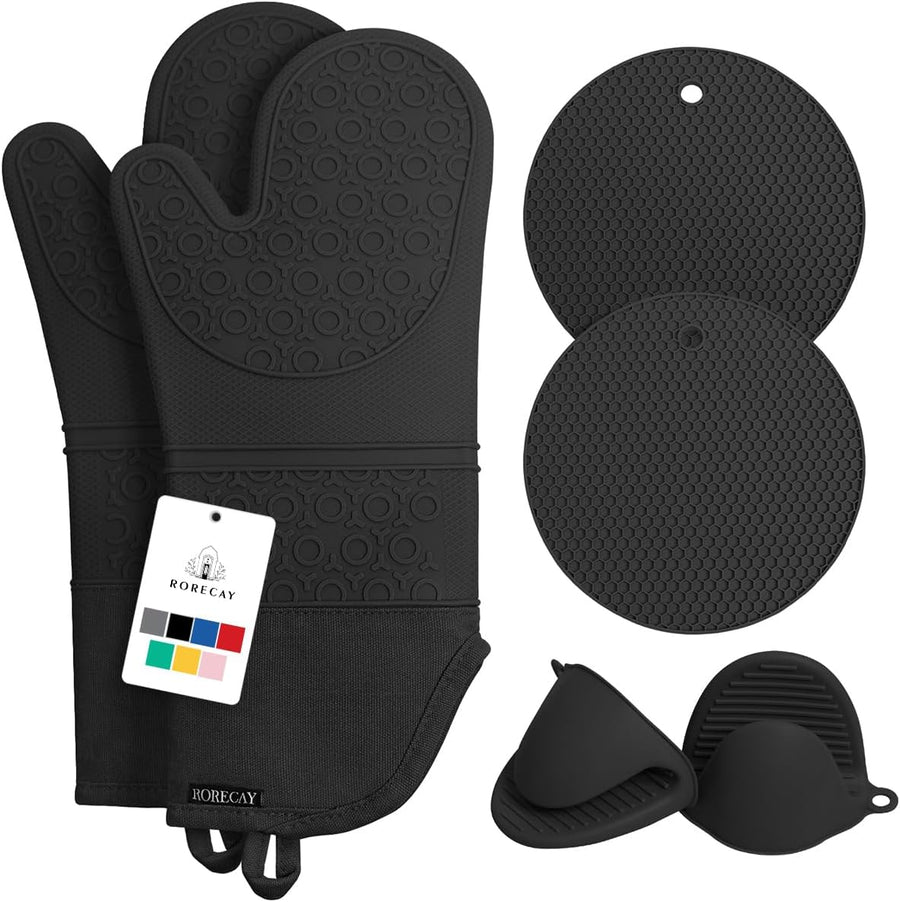 6Pcs Oven Mitts and Pot Holders Sets Heat Resistant 500 Degrees, Extra Long and Non-Slip Silicone Oven Gloves Potholders Hot Pads for Kitchen Baking Cooking, Quilted Liner, Black