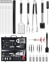 BBQ Tools Set, 26Pcs Stainless Steel Bbq Set BBQ Accessories Set with Heat Resistant Handle, Case, BBQ Grill Mats, Premium Camping BBQ Utensil Set, Set Man Woman, Father'S Day, Black (JOF-I4)