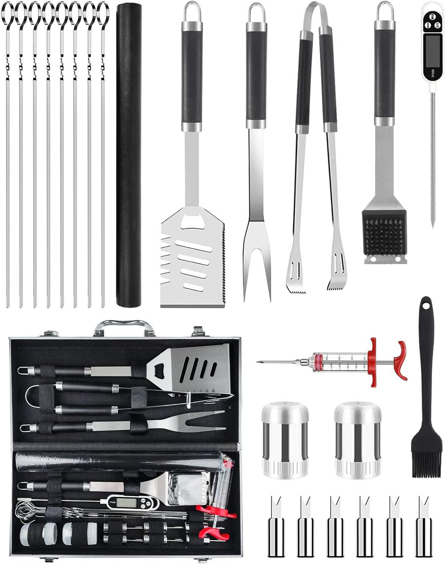 BBQ Tools Set, 26Pcs Stainless Steel Bbq Set BBQ Accessories Set with Heat Resistant Handle, Case, BBQ Grill Mats, Premium Camping BBQ Utensil Set, Set Man Woman, Father'S Day, Black (JOF-I4)