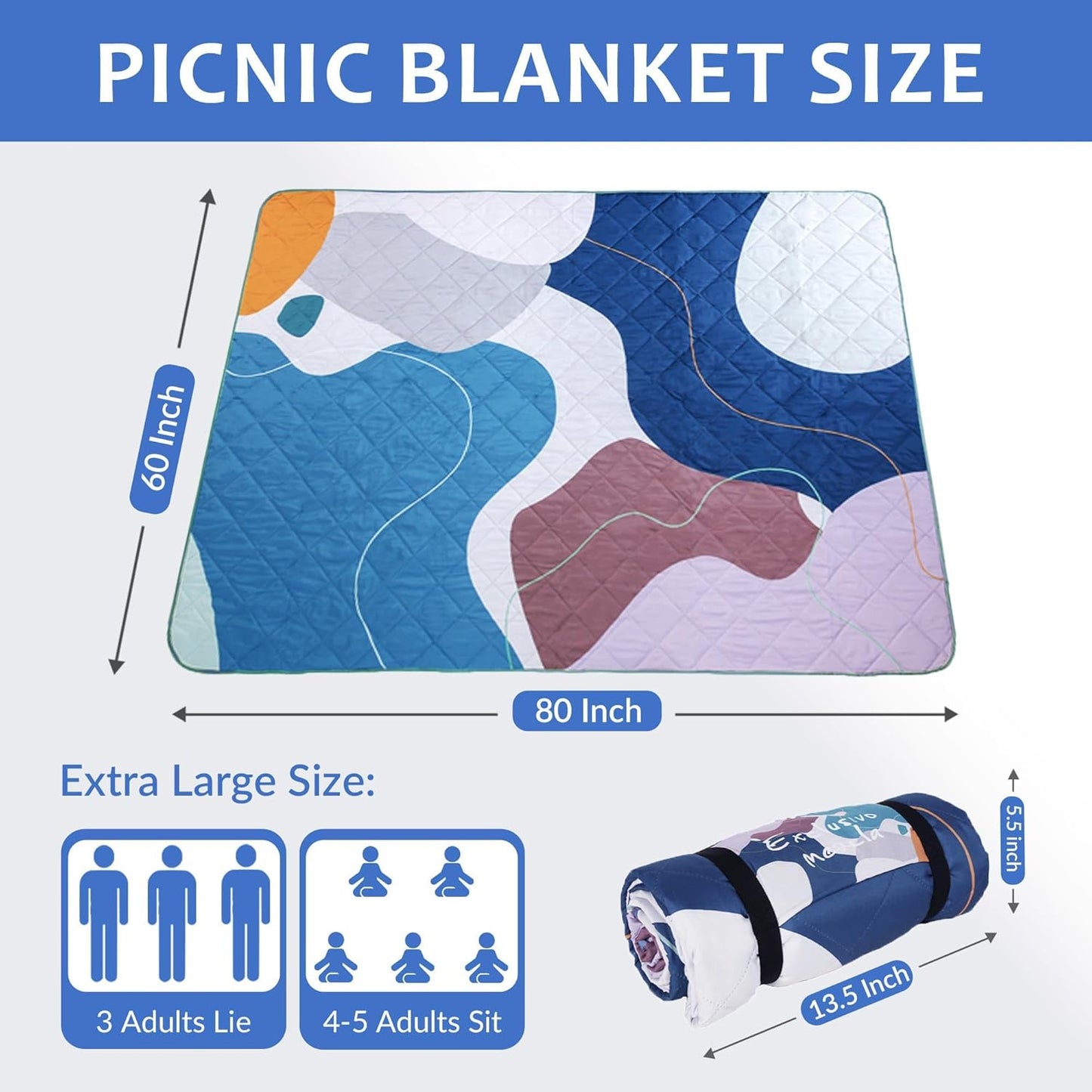 Waterproof Picnic Blanket, Large Foldable Picnic Mat for Hiking Beach Camping, Machine Washable Outdoor Rug with Carry Strap, 150 X 200 Cm, Abstract Blue