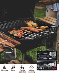 BBQ Tools Set, 26Pcs Stainless Steel Bbq Set BBQ Accessories Set with Heat Resistant Handle, Case, BBQ Grill Mats, Premium Camping BBQ Utensil Set, Set Man Woman, Father'S Day, Black (JOF-I4)