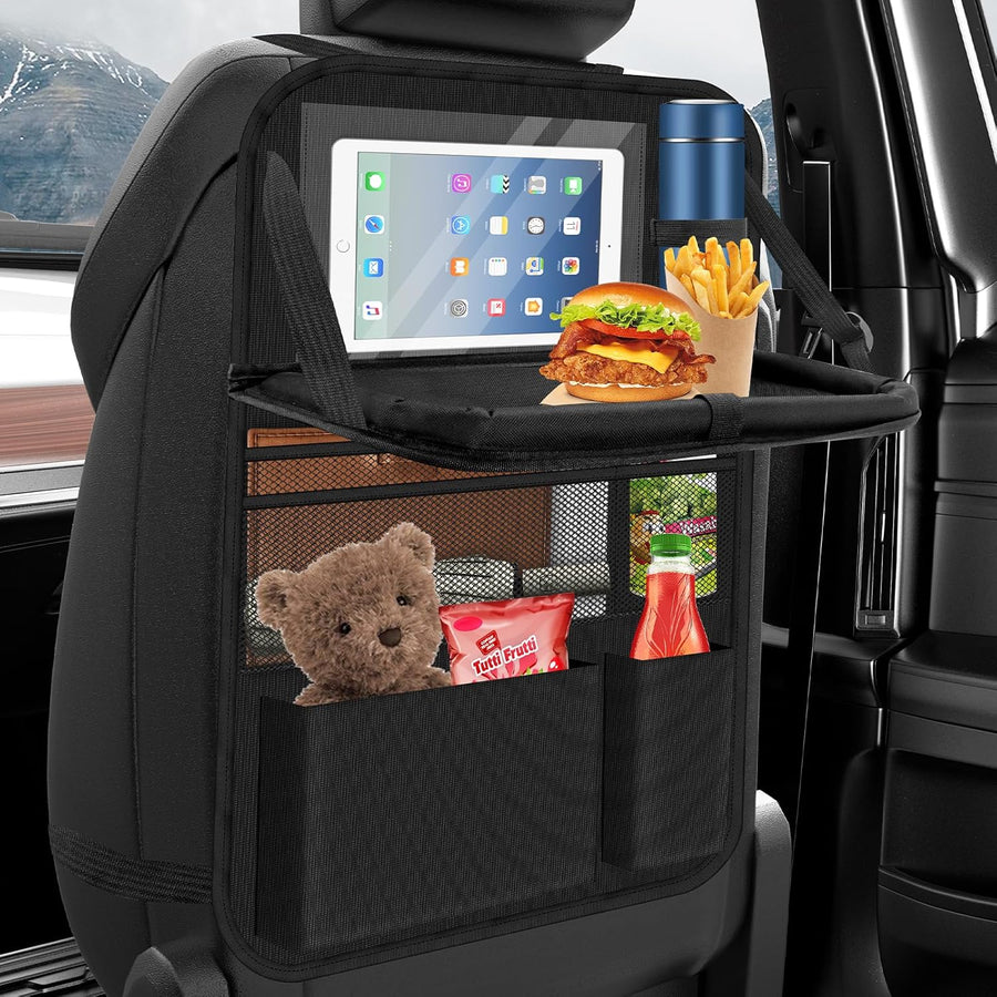 Car Seat Organiser with Folding Table, Car Organiser Back Seat for Kids, Waterproof Car Storage for Keeping Car Tidy, Kick Protector, Tablet Storage Pockets (Black)