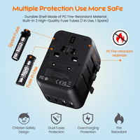 Universal Travel Adapter, Travel Plug Adapter Worldwide | Travel Charger with 2 USB-C & 2 USB-A Ports, Dual 10A Fuses, All-In-One International Travel Adapter - EU UK US AU Plugs