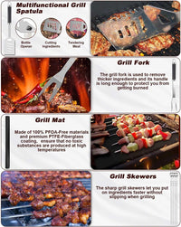 BBQ Tools Set, 26Pcs Stainless Steel Bbq Set BBQ Accessories Set with Heat Resistant Handle, Case, BBQ Grill Mats, Premium Camping BBQ Utensil Set, Set Man Woman, Father'S Day, Black (JOF-I4)