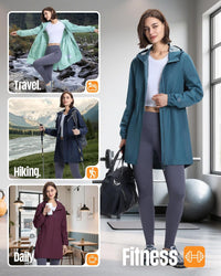 Women'S Waterproof Rain Jacket Packable Long Rain Coat | 2-Way Zip, Ladies Lightweight Rainjacket, Packaway Windbreaker, Breathable, Running, Trench Coat Hooded